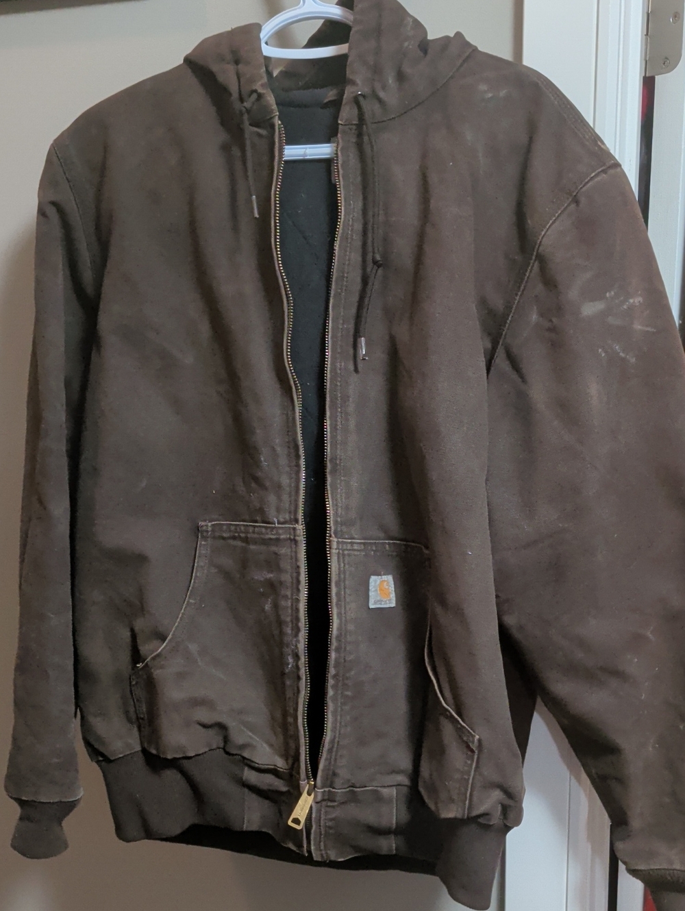 Carhartt Dark Brown Women's Distressed Hooded Workwear Jacket Size Large 12/14
